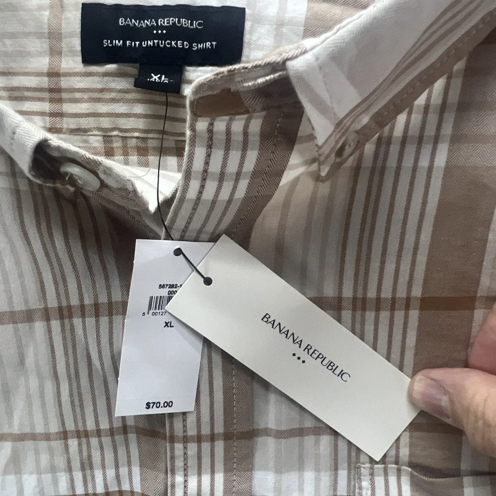 NWT Banana Republic Men's SLIM Untucked Fit Button Down Brown Plaid Shirt XL $70